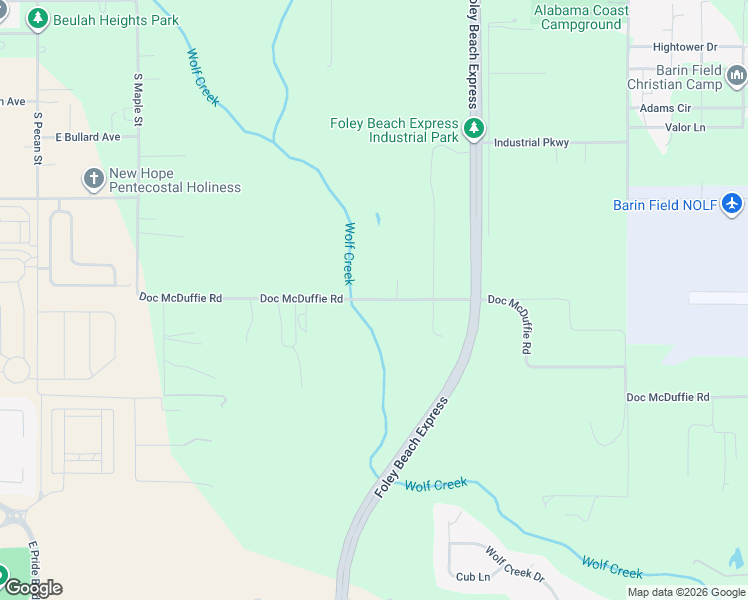 map of restaurants, bars, coffee shops, grocery stores, and more near Doc McDuffie Road in Foley