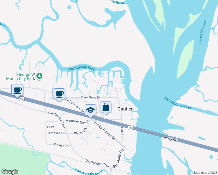 map of restaurants, bars, coffee shops, grocery stores, and more near 3225 Clifford St in Gautier