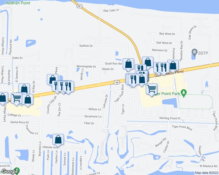 map of restaurants, bars, coffee shops, grocery stores, and more near 1383 Calcutta Drive in Gulf Breeze