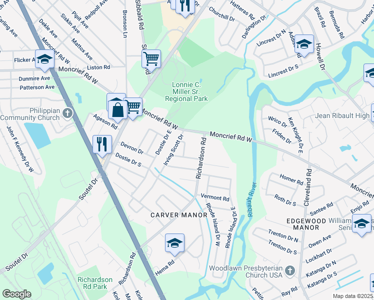 map of restaurants, bars, coffee shops, grocery stores, and more near 7421 Richardson Heights Place in Jacksonville