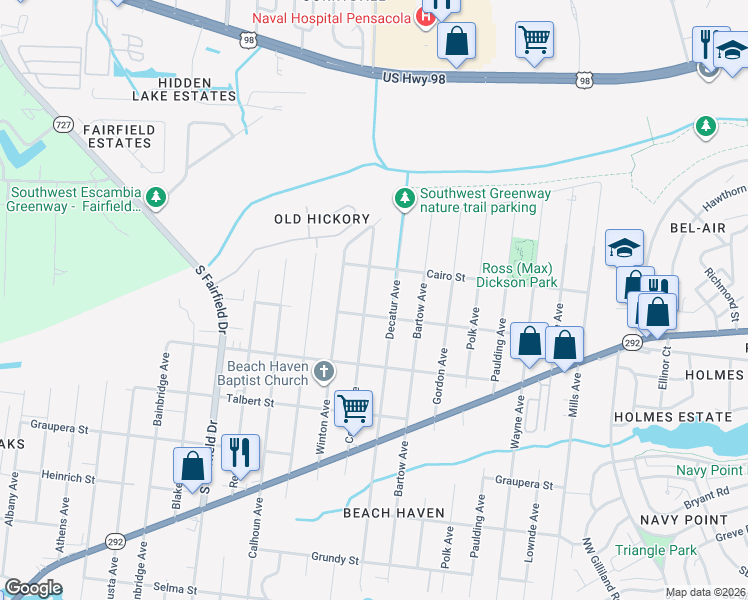 map of restaurants, bars, coffee shops, grocery stores, and more near 1004 Colbert Avenue in Pensacola