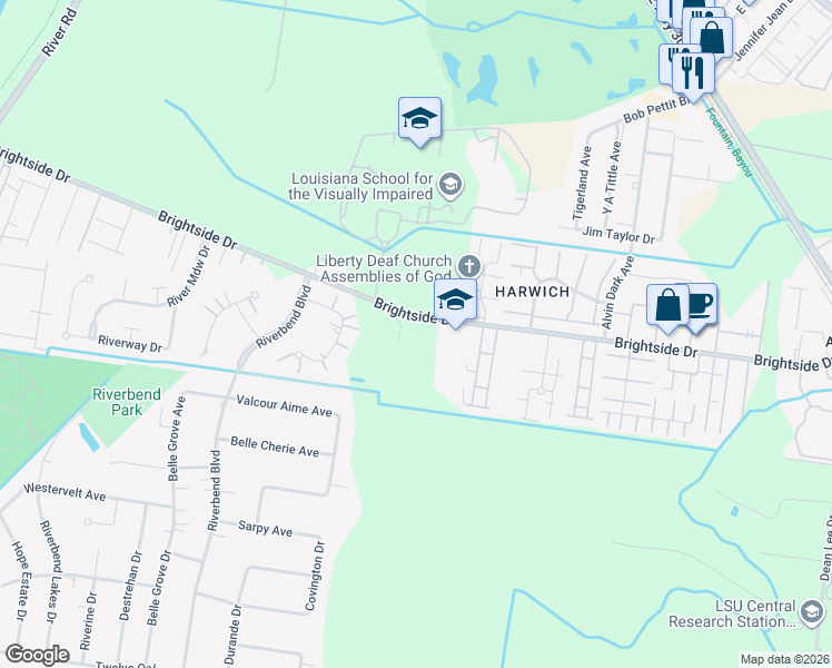 map of restaurants, bars, coffee shops, grocery stores, and more near 2671 Brightside Drive in Baton Rouge
