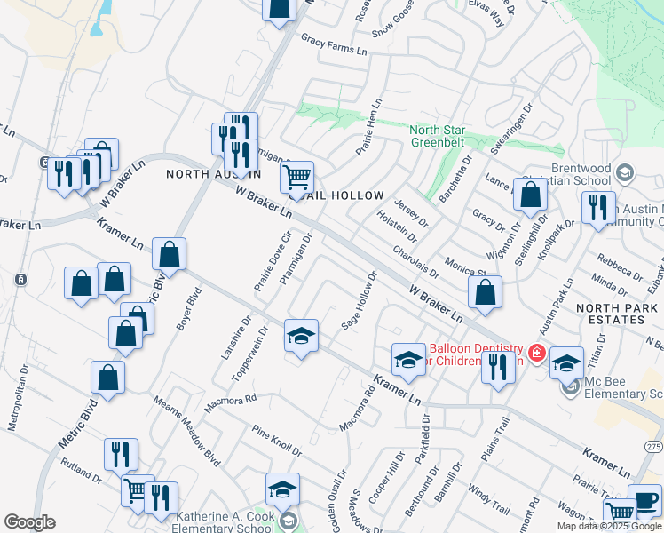 map of restaurants, bars, coffee shops, grocery stores, and more near 1760 Cricket Hollow Drive in Austin