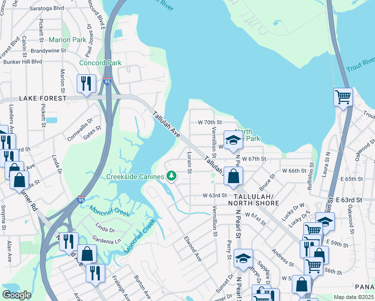 map of restaurants, bars, coffee shops, grocery stores, and more near 7737 North Shore Drive in Jacksonville