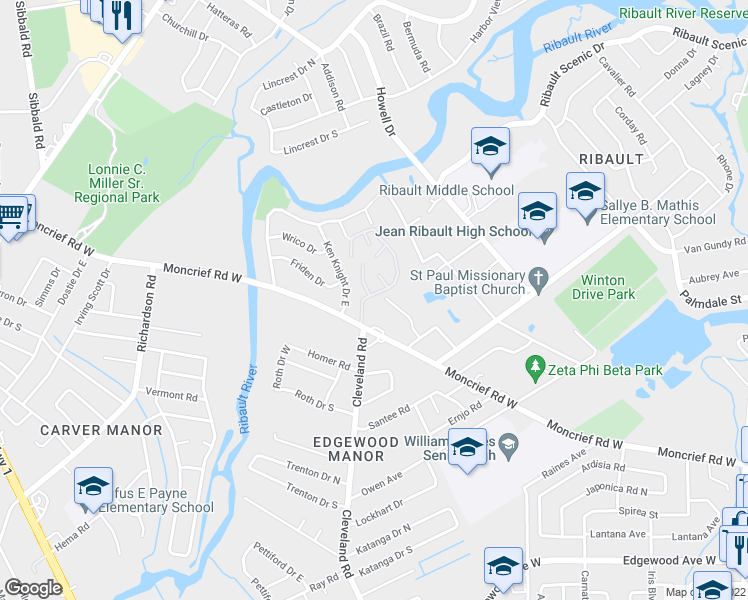 map of restaurants, bars, coffee shops, grocery stores, and more near 4229 Moncrief Road West in Jacksonville