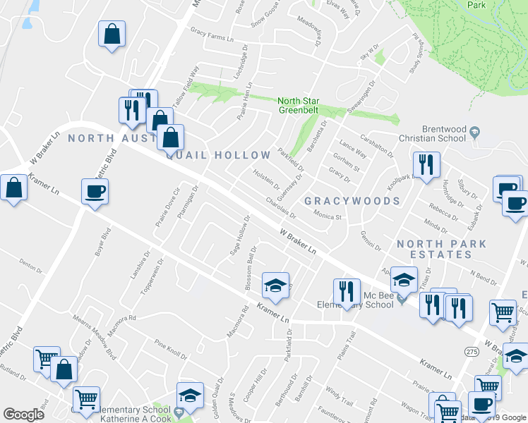 map of restaurants, bars, coffee shops, grocery stores, and more near 1510 West Braker Lane in Austin