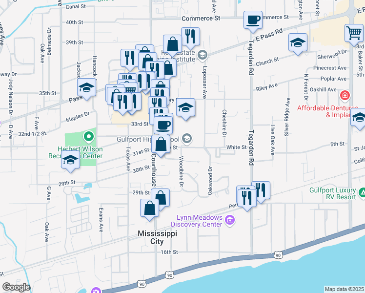 map of restaurants, bars, coffee shops, grocery stores, and more near 100 Perry Street in Gulfport