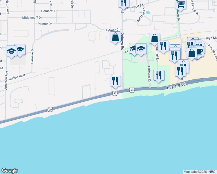 map of restaurants, bars, coffee shops, grocery stores, and more near 2230 Beach Drive in Gulfport