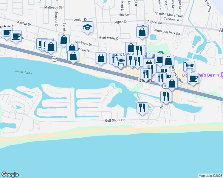 map of restaurants, bars, coffee shops, grocery stores, and more near 30 Moreno Point Road in Destin