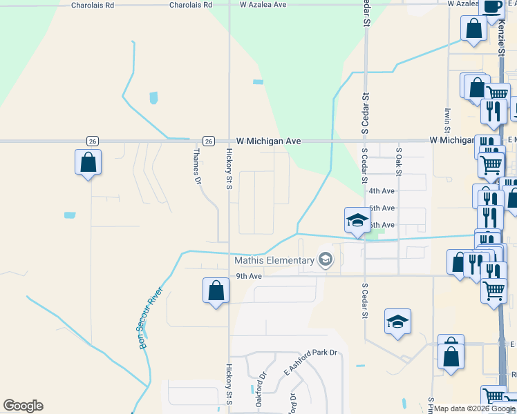 map of restaurants, bars, coffee shops, grocery stores, and more near 1506 Hickory Street South in Foley