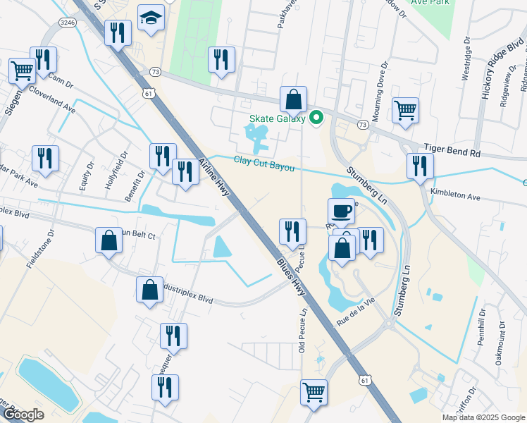 map of restaurants, bars, coffee shops, grocery stores, and more near 12455 Airline Highway in Baton Rouge