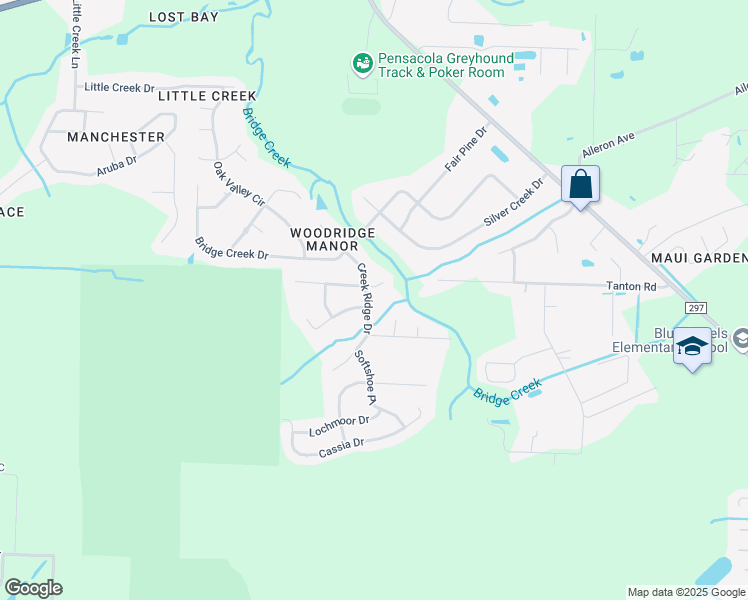 map of restaurants, bars, coffee shops, grocery stores, and more near 10660 Creek Ridge Drive in Pensacola
