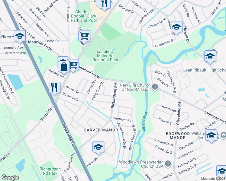 map of restaurants, bars, coffee shops, grocery stores, and more near 7412 Richardson Road in Jacksonville