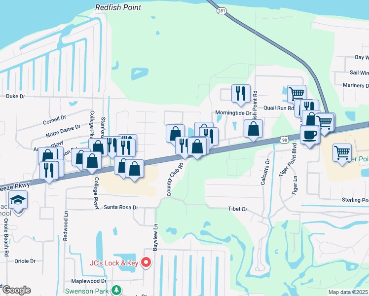 map of restaurants, bars, coffee shops, grocery stores, and more near 1500 Green Briar Parkway in Gulf Breeze