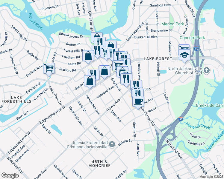 map of restaurants, bars, coffee shops, grocery stores, and more near 7626 Smyrna Street in Jacksonville