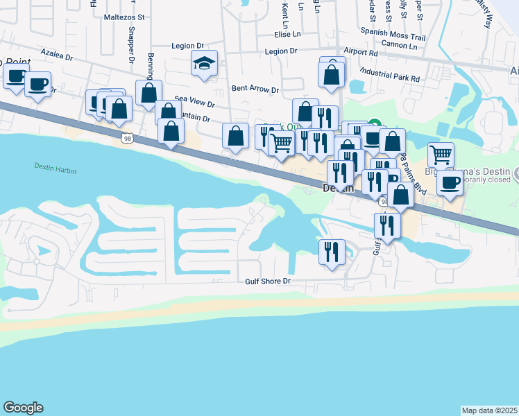 map of restaurants, bars, coffee shops, grocery stores, and more near 30 Moreno Point Road in Destin