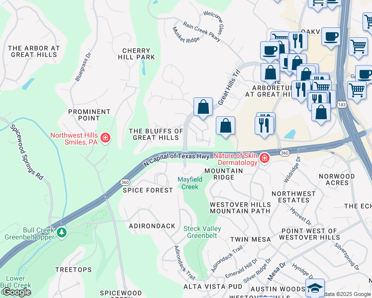 map of restaurants, bars, coffee shops, grocery stores, and more near 8013 Great Hills Trail in Austin