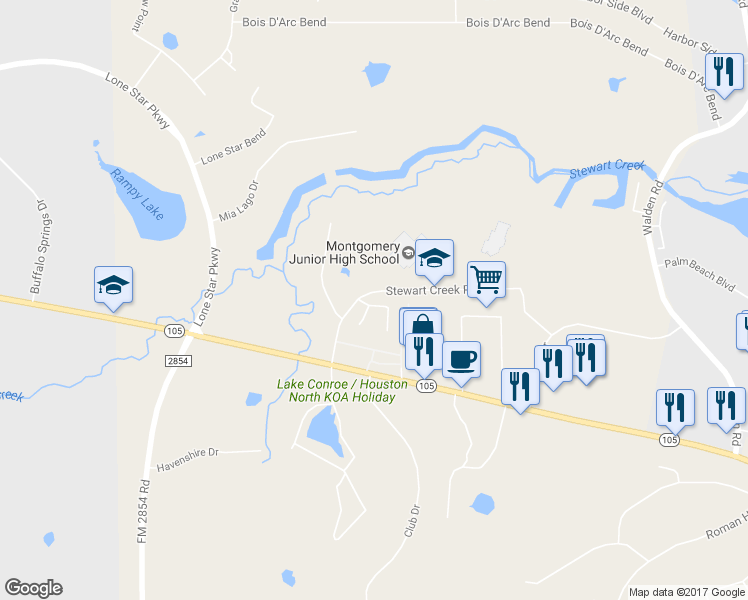 map of restaurants, bars, coffee shops, grocery stores, and more near 19816 Logans Trail in Montgomery
