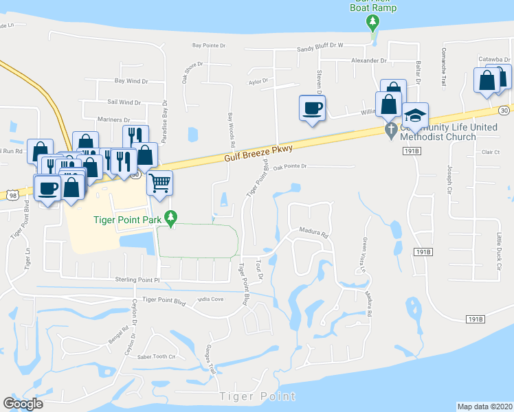 map of restaurants, bars, coffee shops, grocery stores, and more near 1460 Champions Green Drive in Gulf Breeze