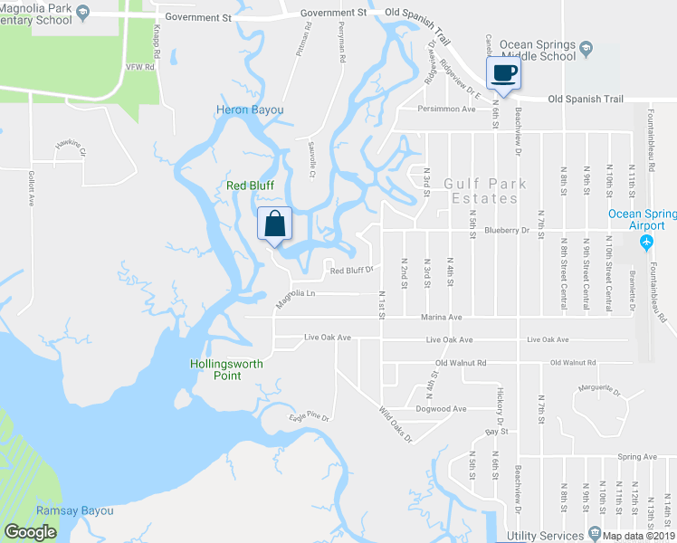 map of restaurants, bars, coffee shops, grocery stores, and more near 9489 Red Bluff Drive in Ocean Springs