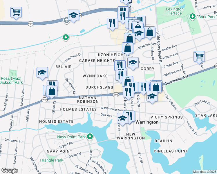 map of restaurants, bars, coffee shops, grocery stores, and more near 14 North Merritt Street in Pensacola