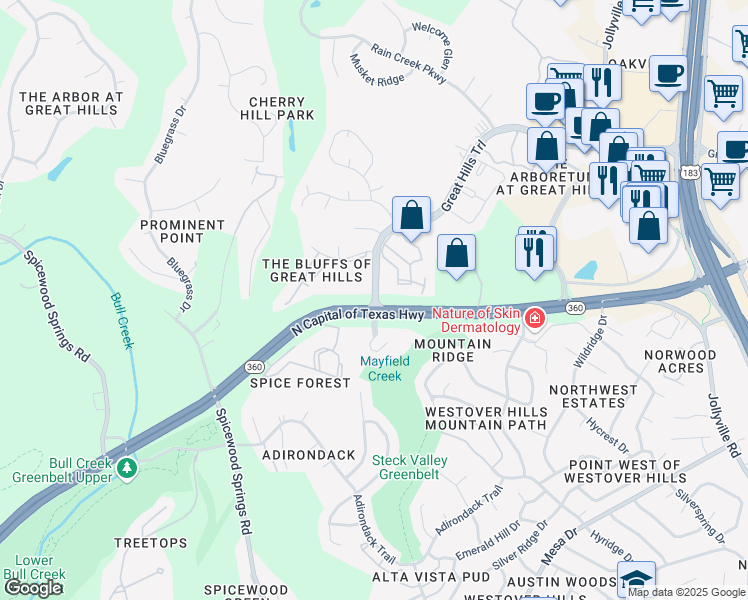 map of restaurants, bars, coffee shops, grocery stores, and more near 7912 Great Hills Trail in Austin