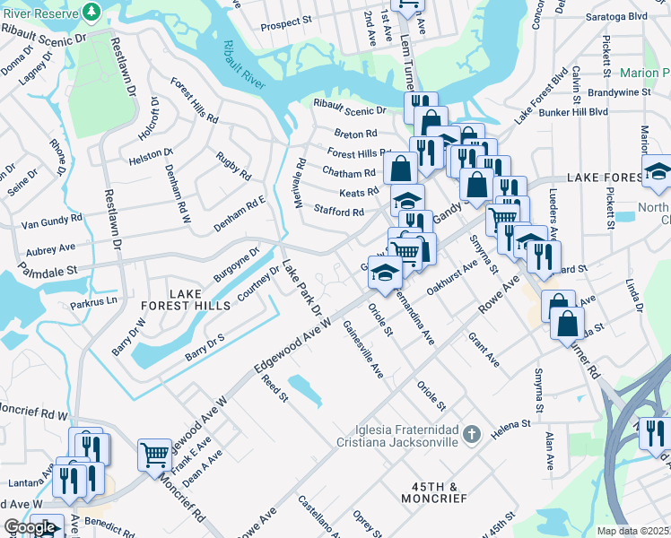 map of restaurants, bars, coffee shops, grocery stores, and more near 500 Oriole Street in Jacksonville