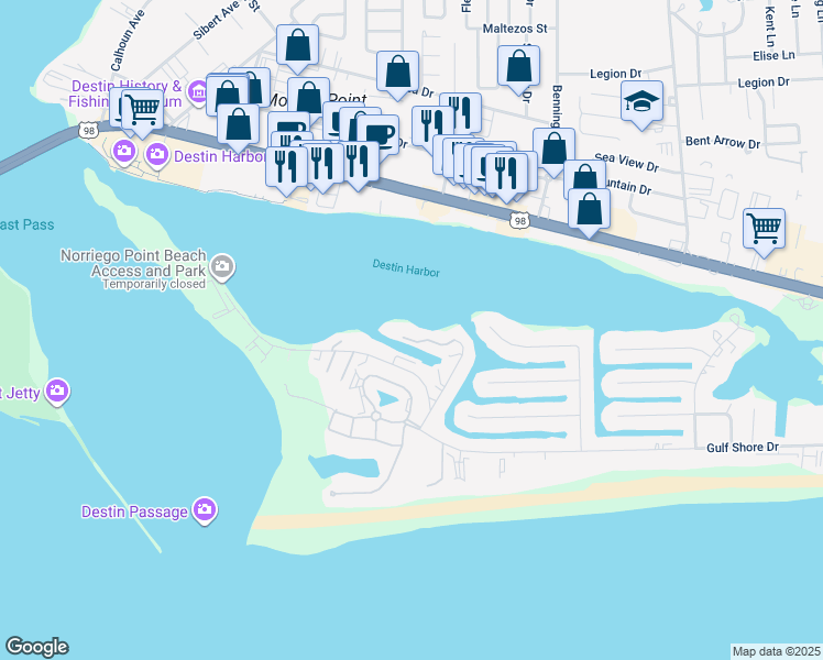 map of restaurants, bars, coffee shops, grocery stores, and more near 211 Durango Road in Destin