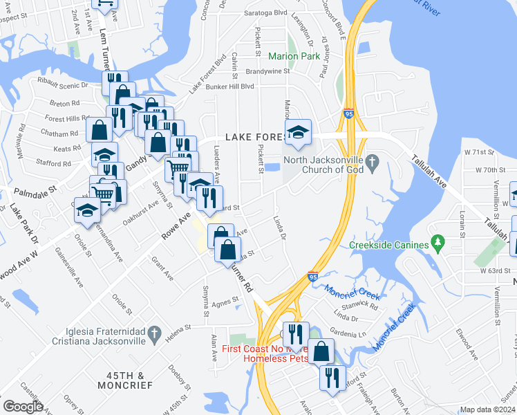 map of restaurants, bars, coffee shops, grocery stores, and more near 1161 Nigel Court in Jacksonville