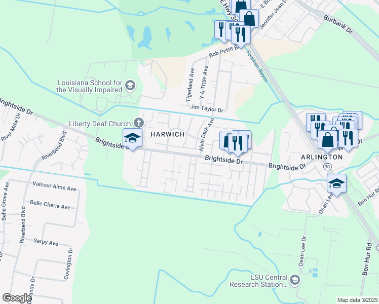 map of restaurants, bars, coffee shops, grocery stores, and more near 2148 Brightside Drive in Baton Rouge