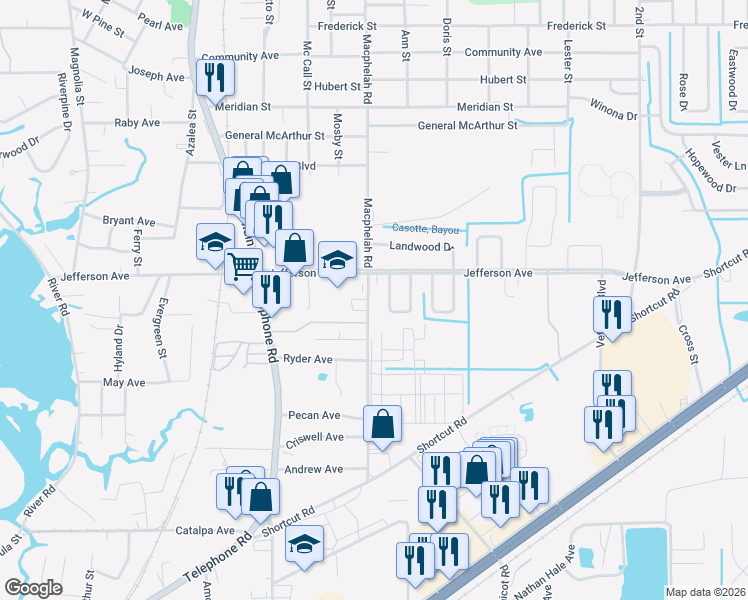 map of restaurants, bars, coffee shops, grocery stores, and more near 4920 Belfair Court in Moss Point