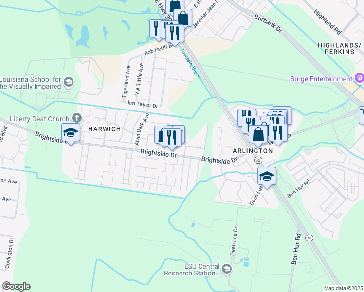 map of restaurants, bars, coffee shops, grocery stores, and more near 1732 Brightside Drive in Baton Rouge