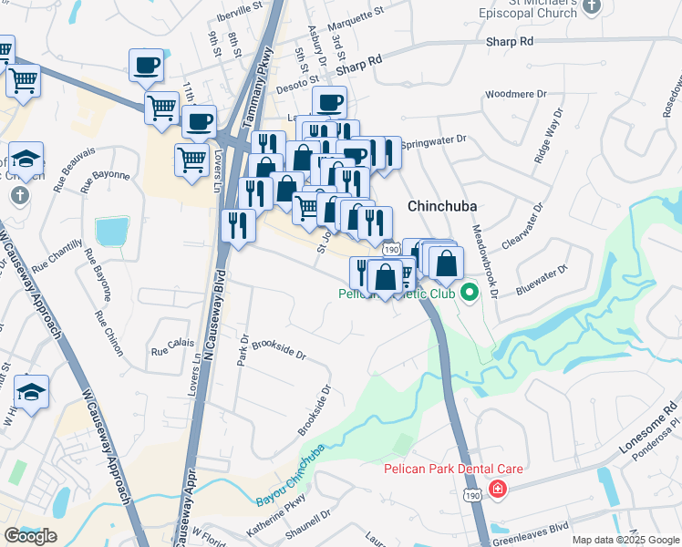 map of restaurants, bars, coffee shops, grocery stores, and more near 101 Saint Ann Drive in Mandeville
