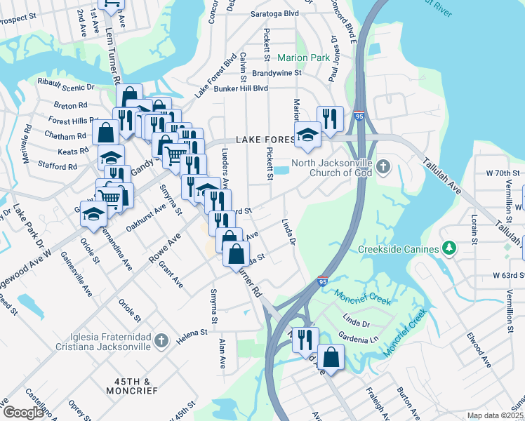 map of restaurants, bars, coffee shops, grocery stores, and more near 1161 Nigel Court in Jacksonville