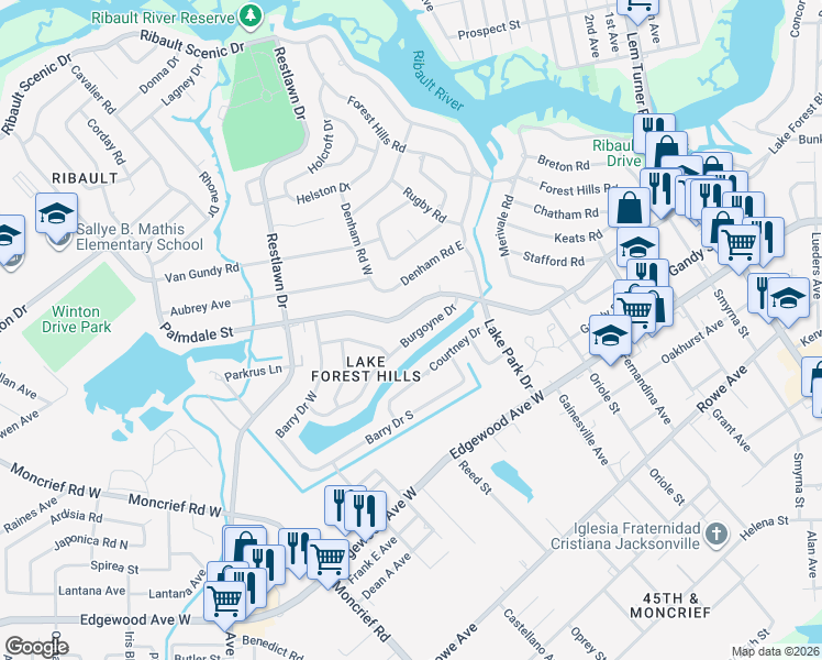 map of restaurants, bars, coffee shops, grocery stores, and more near 2124 Burgoyne Drive in Jacksonville