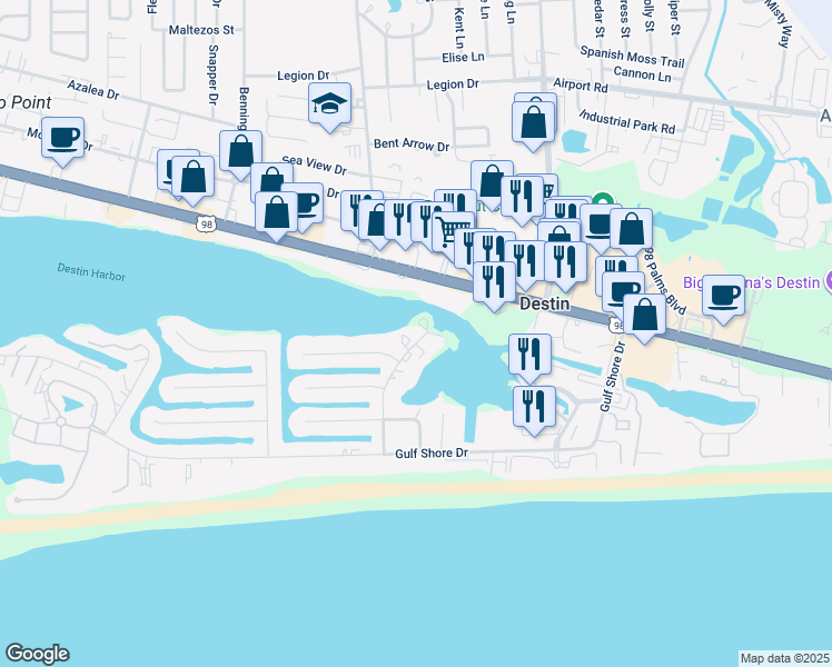 map of restaurants, bars, coffee shops, grocery stores, and more near 30 Moreno Point Road in Destin