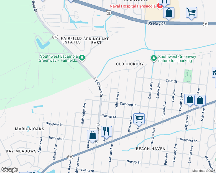 map of restaurants, bars, coffee shops, grocery stores, and more near 1006 Rentz Avenue in Pensacola