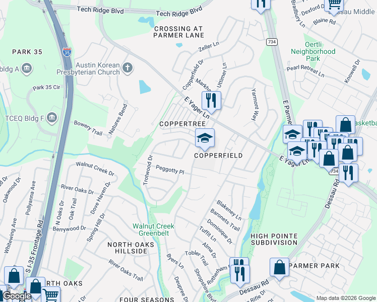 map of restaurants, bars, coffee shops, grocery stores, and more near 12104 Lavinia Lane in Austin