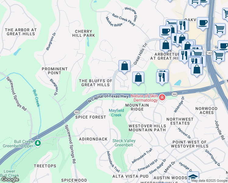 map of restaurants, bars, coffee shops, grocery stores, and more near Great Hills Trail in Austin