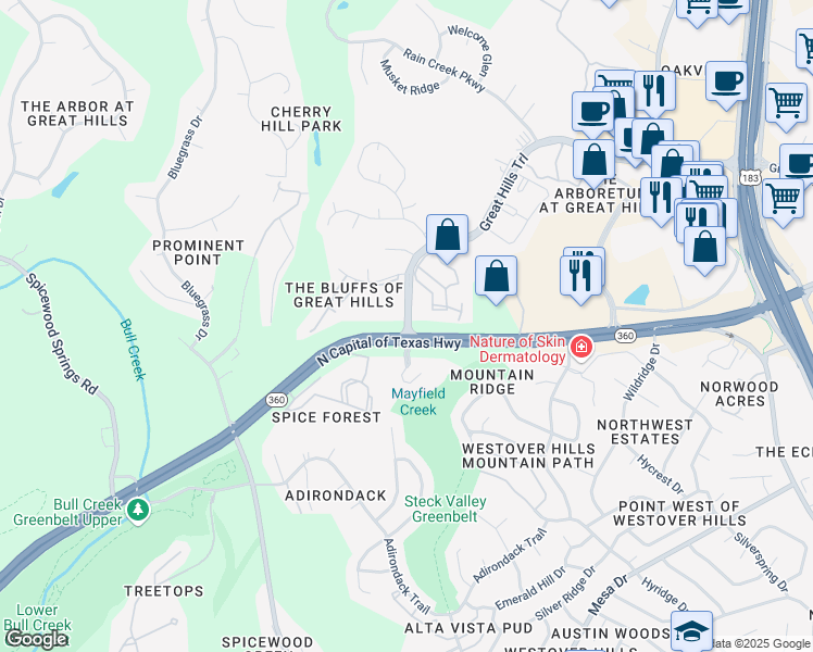 map of restaurants, bars, coffee shops, grocery stores, and more near Great Hills Trail in Austin