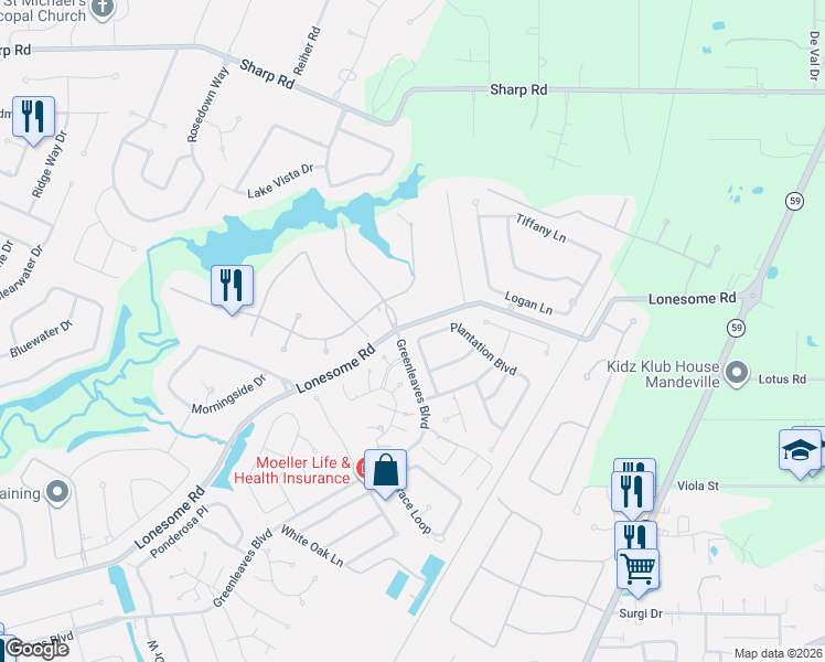 map of restaurants, bars, coffee shops, grocery stores, and more near 619 Plantation Boulevard in Mandeville
