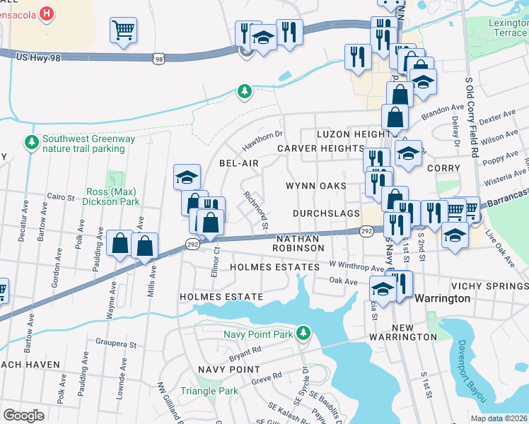map of restaurants, bars, coffee shops, grocery stores, and more near 195 Richmond Street in Pensacola