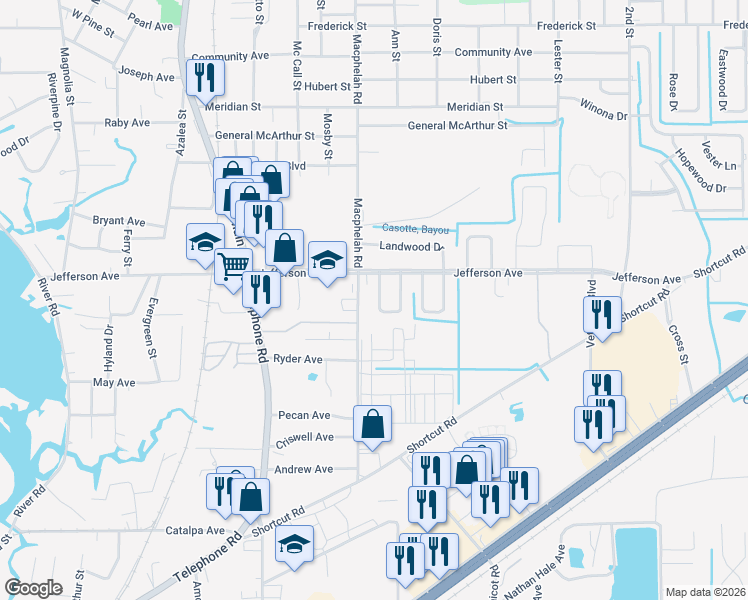 map of restaurants, bars, coffee shops, grocery stores, and more near 4920 Belfair Court in Moss Point