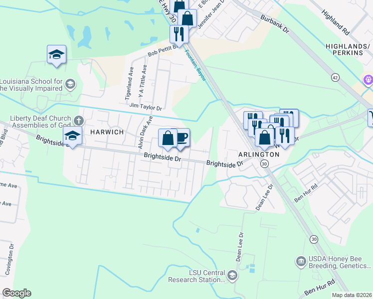 map of restaurants, bars, coffee shops, grocery stores, and more near 1710 Brightside Drive in Baton Rouge