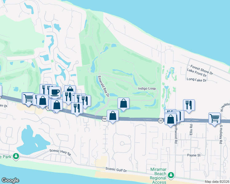 map of restaurants, bars, coffee shops, grocery stores, and more near 96 Azure Place in Destin