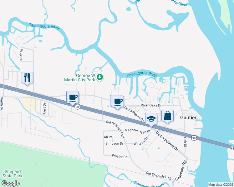 map of restaurants, bars, coffee shops, grocery stores, and more near 3209-3217 Milstead Road in Gautier