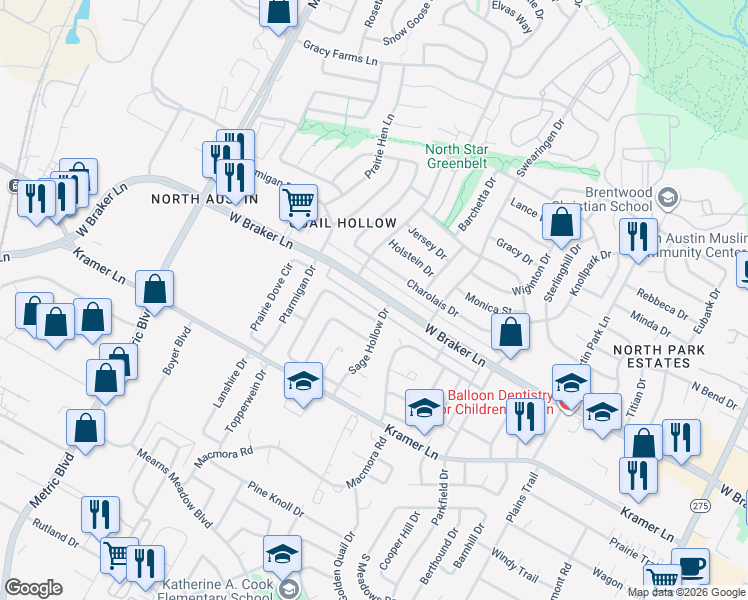 map of restaurants, bars, coffee shops, grocery stores, and more near 1605 West Braker Lane in Austin