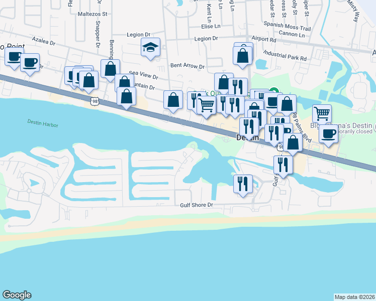 map of restaurants, bars, coffee shops, grocery stores, and more near 30 Moreno Point Road in Destin