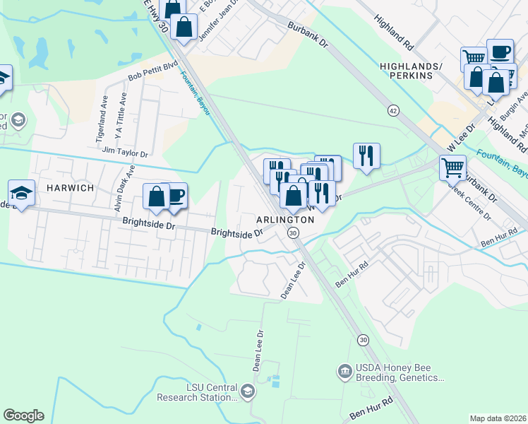 map of restaurants, bars, coffee shops, grocery stores, and more near 5212 Oleson Street in Baton Rouge