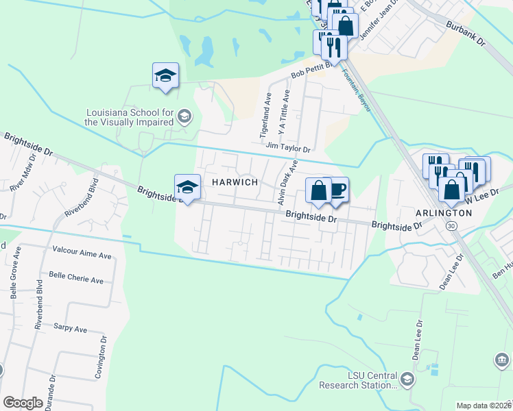 map of restaurants, bars, coffee shops, grocery stores, and more near 2232 Brightside Drive in Baton Rouge